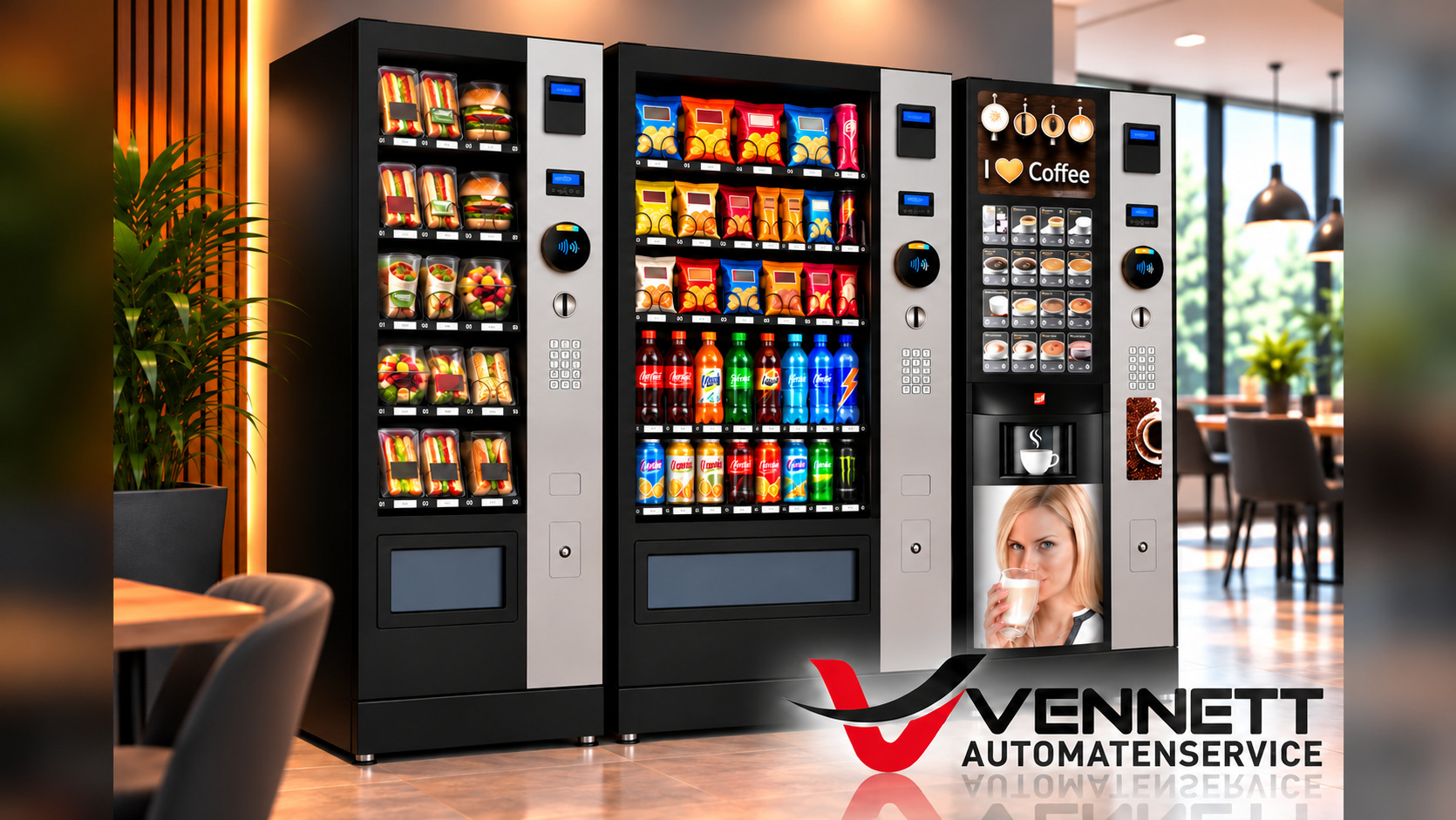 VENNETT Automatenservice: Drei Verkaufsautomaten für frische Snacks, Getränke und Kaffee in modernem Innenraum